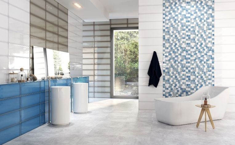 blue tile in coastal themed bathroom